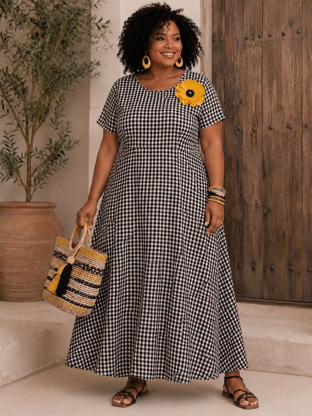 Emery Rose 3X/4X Black White Gingham Maxi Dress Plus Size Cottagecore